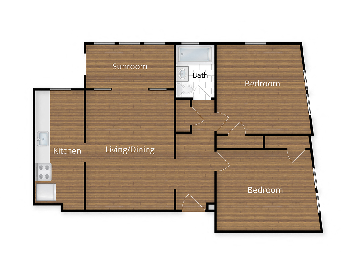 Floor plan for 2 beds, 1 bath, 898 sqft